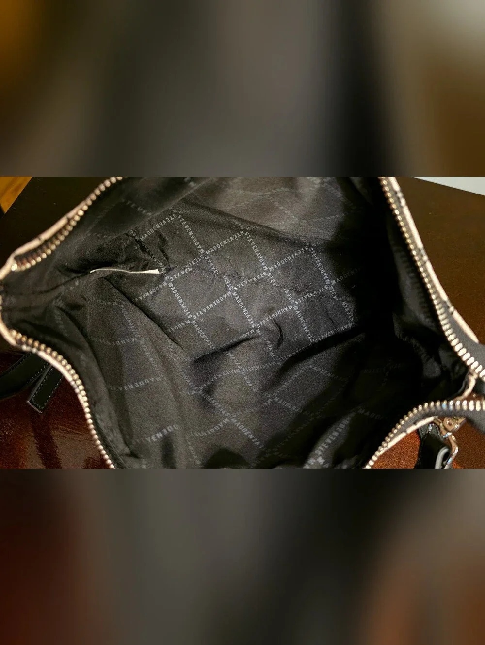 Steve Madden Beige Black SM Monogram Zip Crossbody Bag